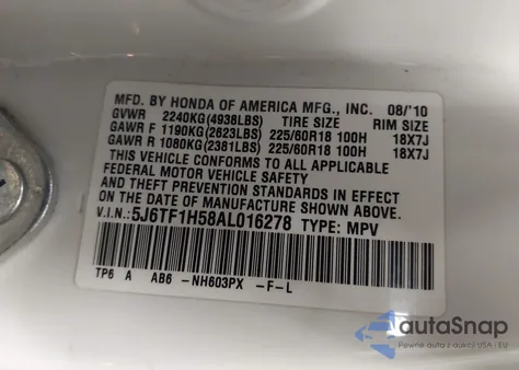 2010 Honda Accord Crosstour Ex-L из США, поврежденный, VIN 5J6TF1H58AL016278